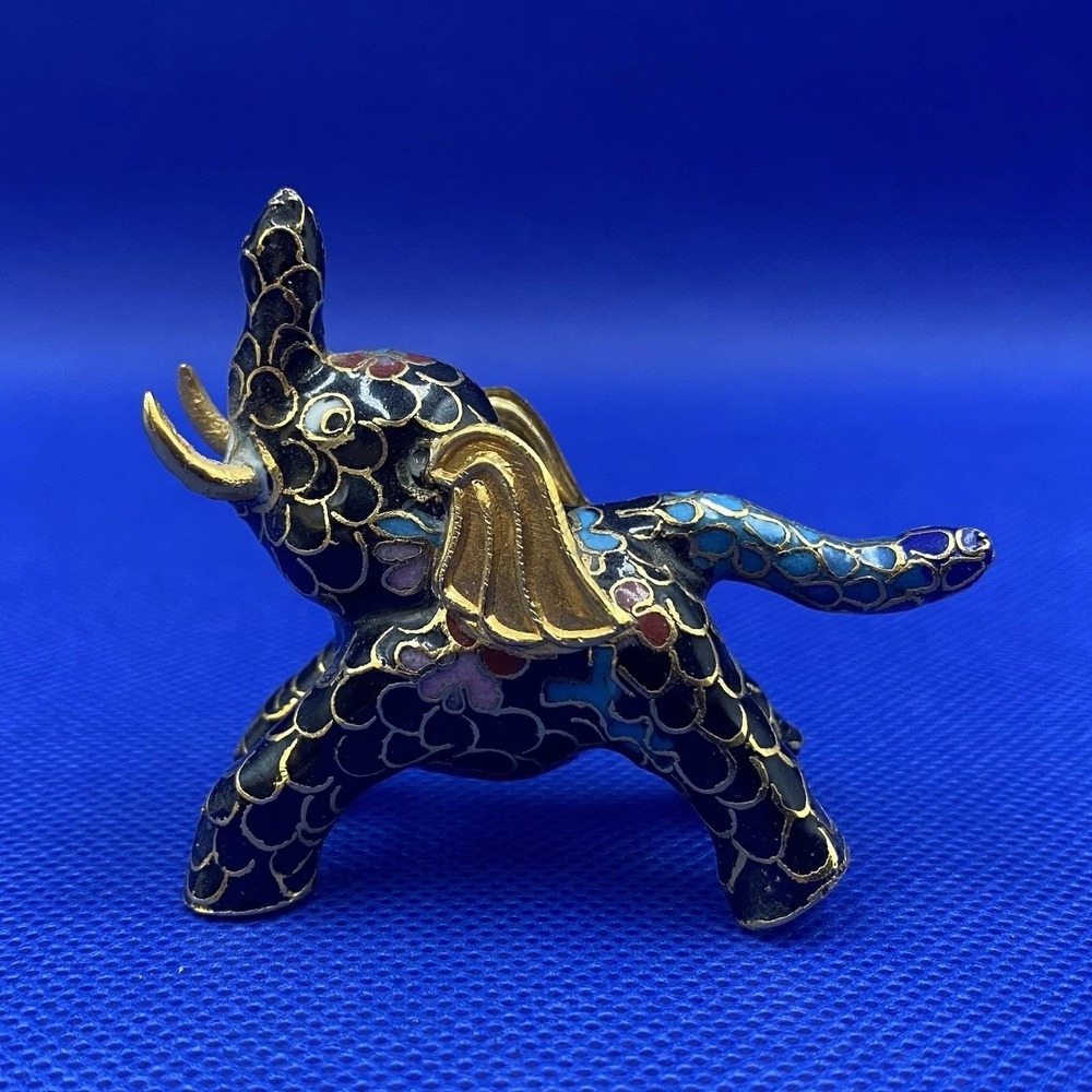 Vintage Cloisonne Gilt Elephant Figurine‎ Enameled Black /Gold 2" X 3"